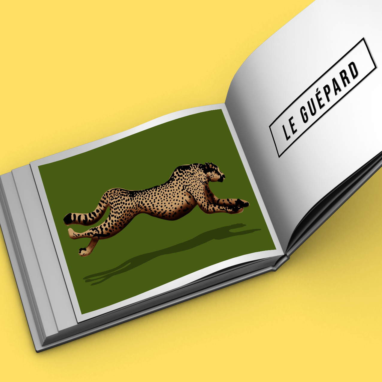 illustration numérique sur livre : un guépard sur fond vert.