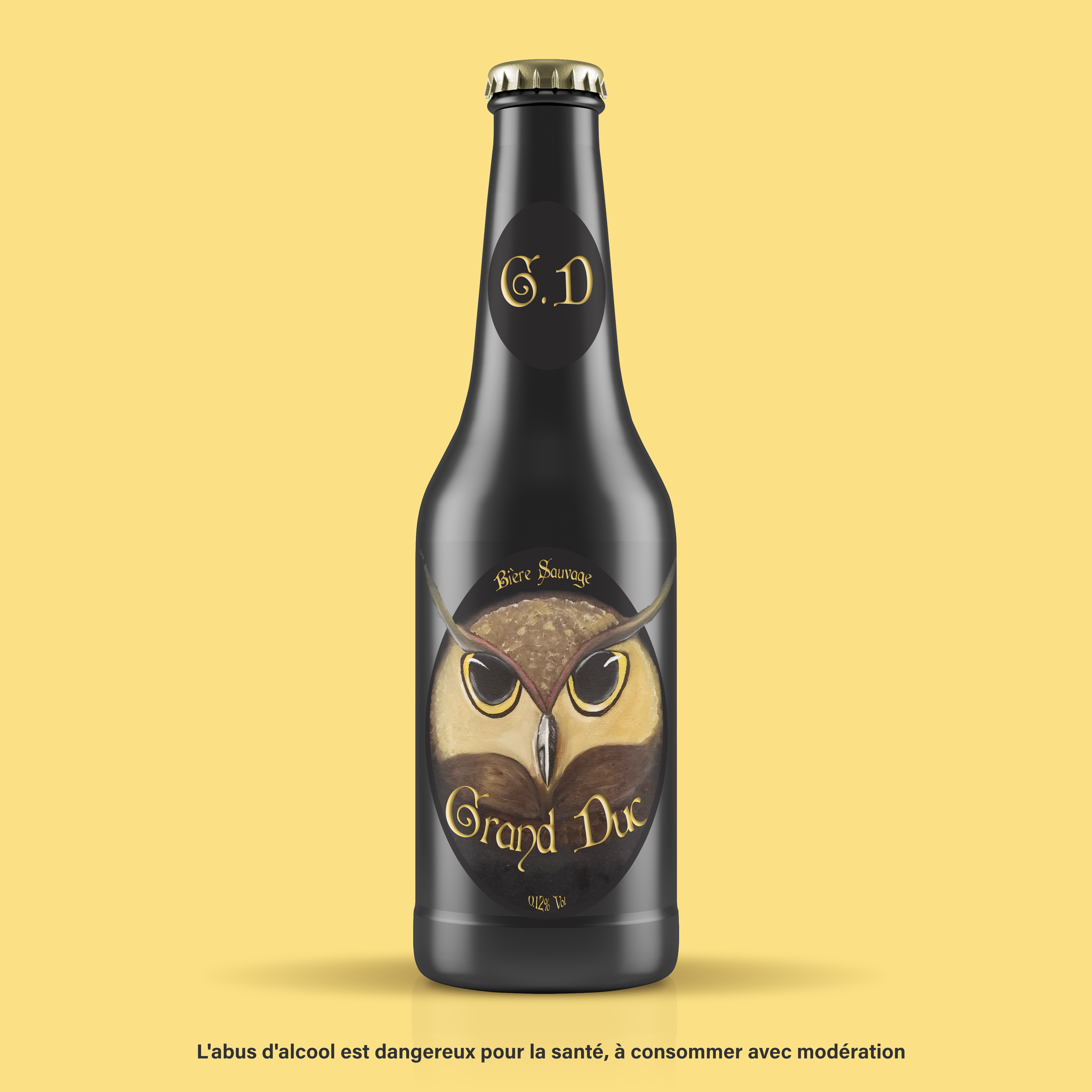 illustration sur bouteille : une tête de hibou sur fond noir