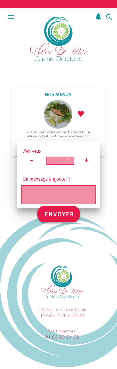 image d'interface pour prototype mobile pour un restaurant fictif et commande d'un article en ligne